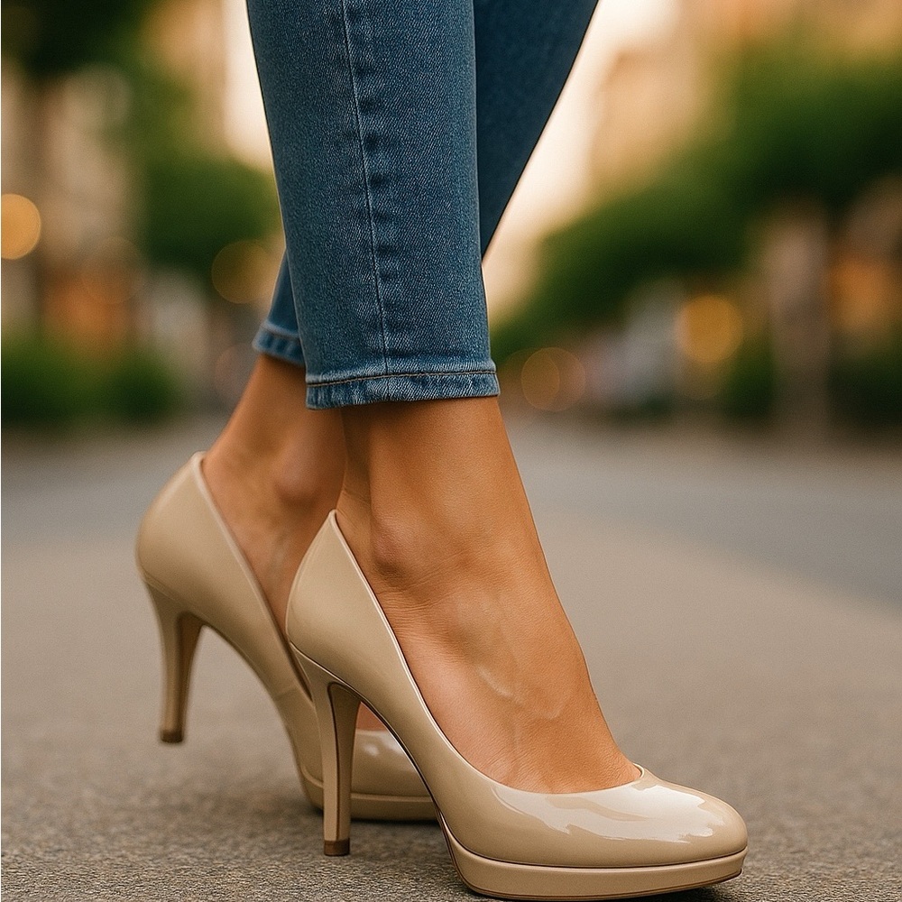 👡Beige Patent Marco Republic Comfort Pumps Memory Foam Insole, Size 8 - Picture 3 of 7